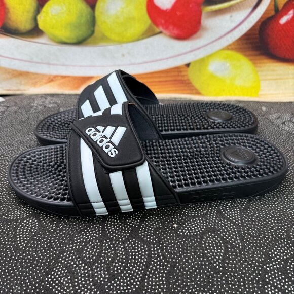 Adidas Mens Adissage Slides US 11 Black & White Massage Footbed Comfort Sandals - Picture 3 of 6